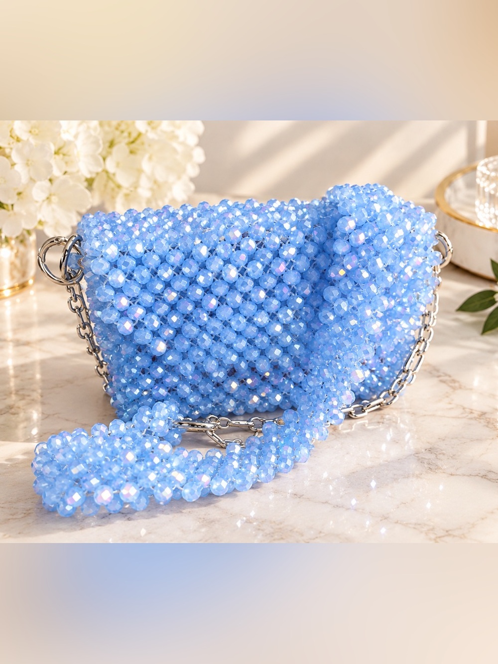 Handmade Beaded Light Blue Crossbody Bag with Silver Chain